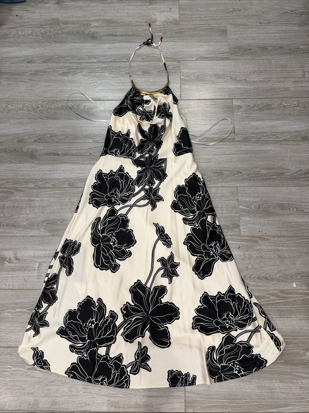 Donna Karan Halter Neck Black & White Floral Maxi Dress size 14